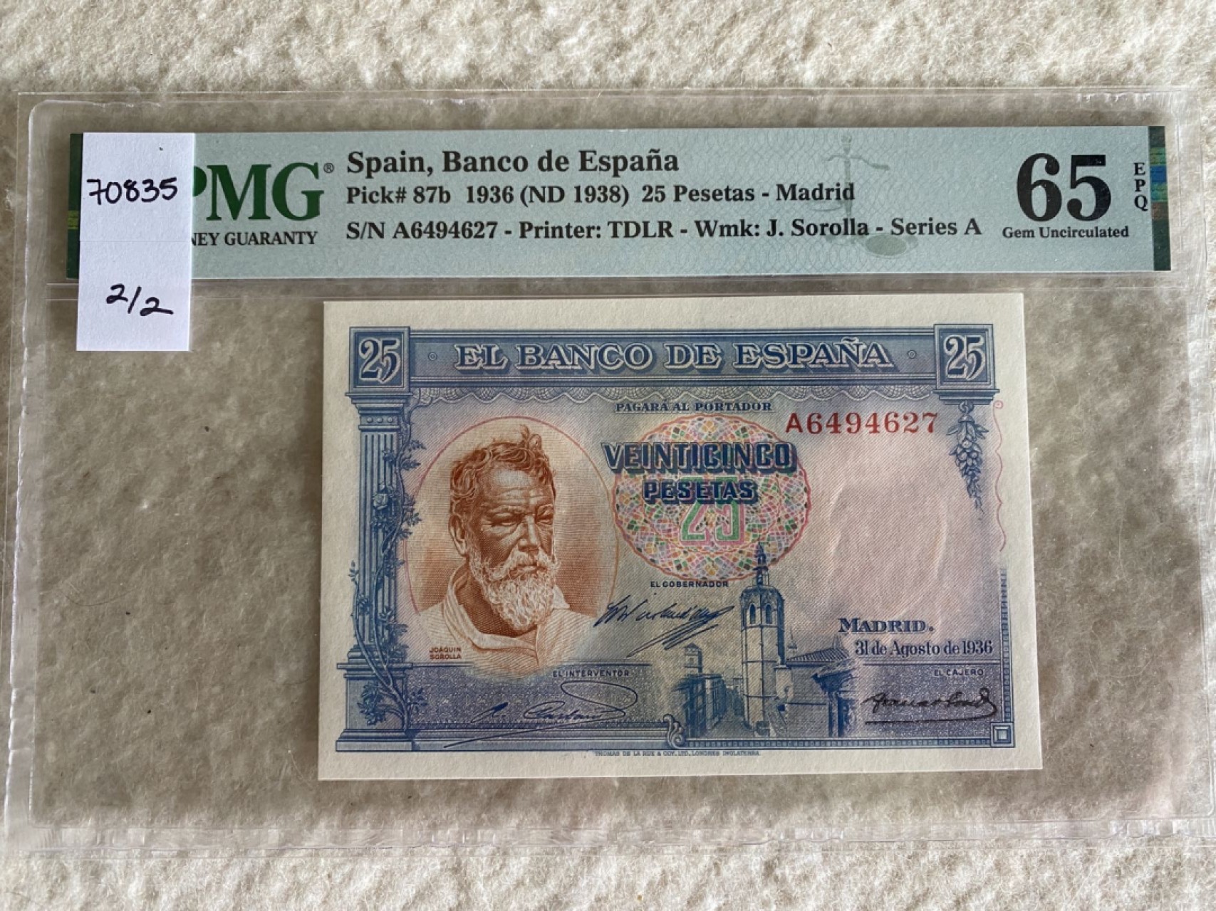 收藏联盟Quantum Auction 第176期拍卖 1936年西班牙25比塞塔 小华金 PMG65E