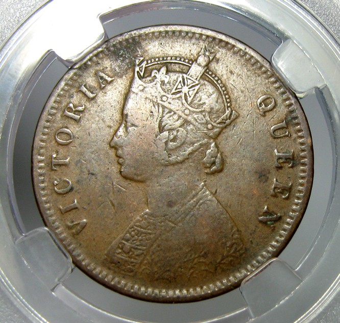 英属印度铜币,1862,维多利亚,四分之一安娜,规格：25mm,6.2g,自打标签盒子