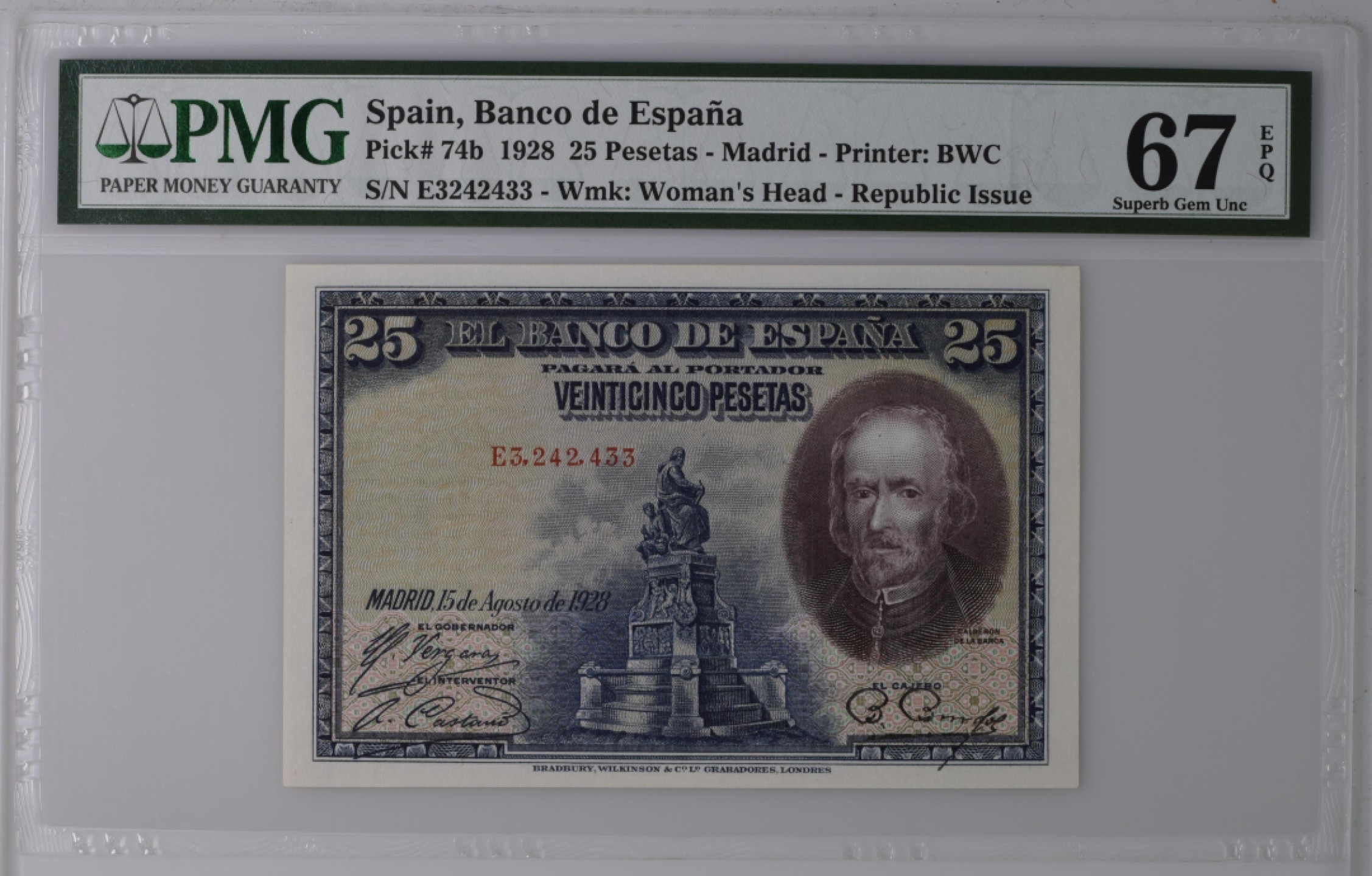 收藏联盟Quantum Auction 第177期拍卖 西班牙1928年25比塞塔 PMG67 