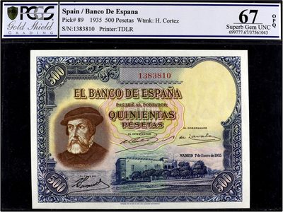 【Blue Auction】✨世界纸币精拍第205期【精】 - 【冠军分 无47】西班牙 1935年 500比塞塔 PCGS67EPQ 超高分 科尔特斯 经典大方块 雕刻非常细腻大气 值得珍藏 背面描述科尔特斯到达墨西哥后烧毁了他的船只，以说服他的部下们，没有回头路的场景。最终科尔特斯以破釜沉舟之势，以600人征服250万印第安人，塑造了西班牙征服者的传奇人生。