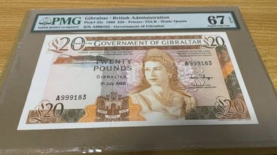 【Blue Auction】✨世界纸币精拍第205期【精】 - 【A冠无47】直布罗陀 1986年20镑 高冠女王 PMG67EPQ 