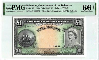 【Blue Auction】✨世界纸币精拍第205期【精】 -  【无47】巴哈马早期 1936年1镑 大冠女王 PMG66EPQ 少见品种