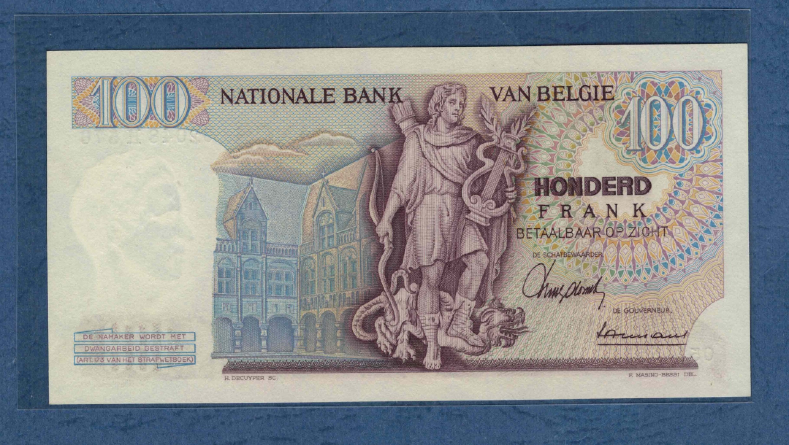比利时1965年100法郎 克劳斯目录P-134 实物图 UNC   