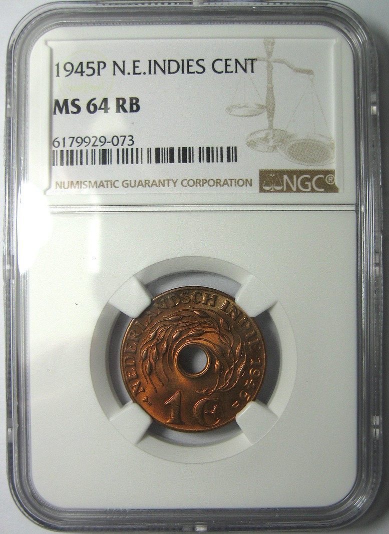 NGC-MS64RB,荷属东印度,1945P,中孔铜币,约23mm,NGC评级R4120ix