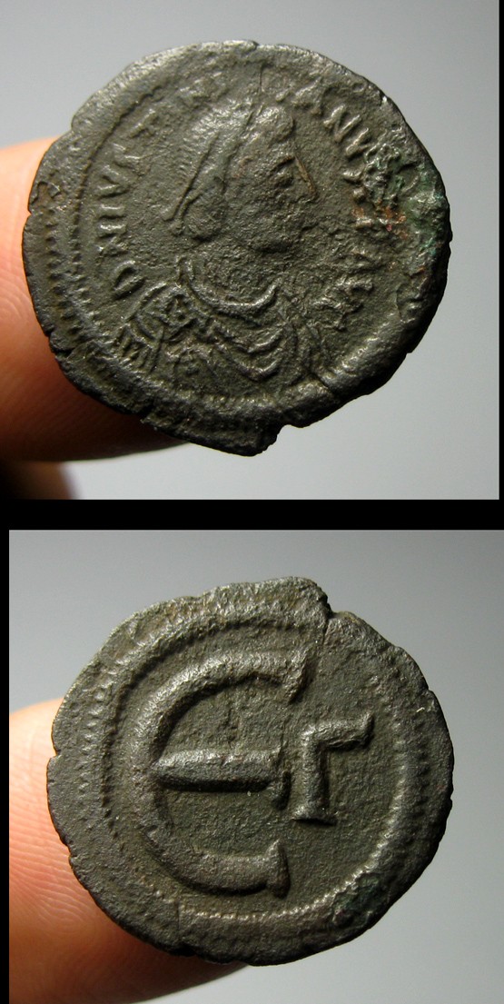 拜占庭铜币,查士丁尼,5努姆斯,AD527-565,约19.1mm,2.8g,中乾评级XF45,R0128ix