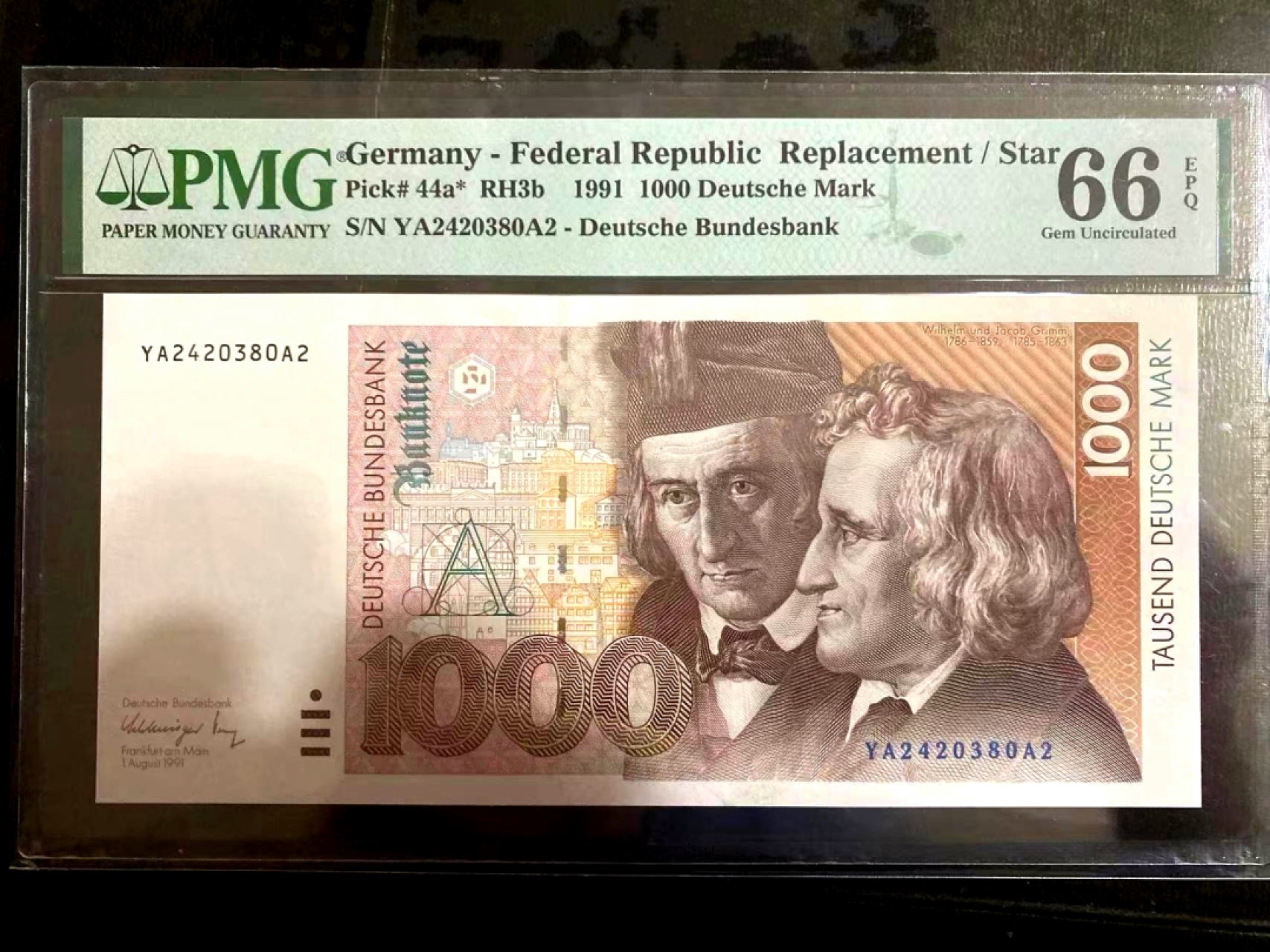 【Blue Auction】✨世界纸币精拍第206期【精】 【补号少见】德国 1991年1000马克 最高值 PMG66EPQ 经典格林兄弟