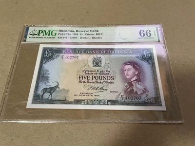 【Blue Auction】✨世界纸币精拍第206期【精】 - 罗德西亚 1964年 5镑 PMG66EPQ BWC出品 精美 戎装女王 大津巴布韦遗址