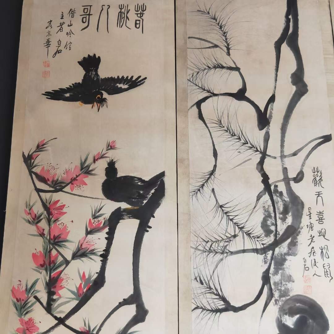 齐白石花鸟四条筏⼀紀一套，纸本立轴包手绘，画工精湛，实物拍摄，品相如图M13