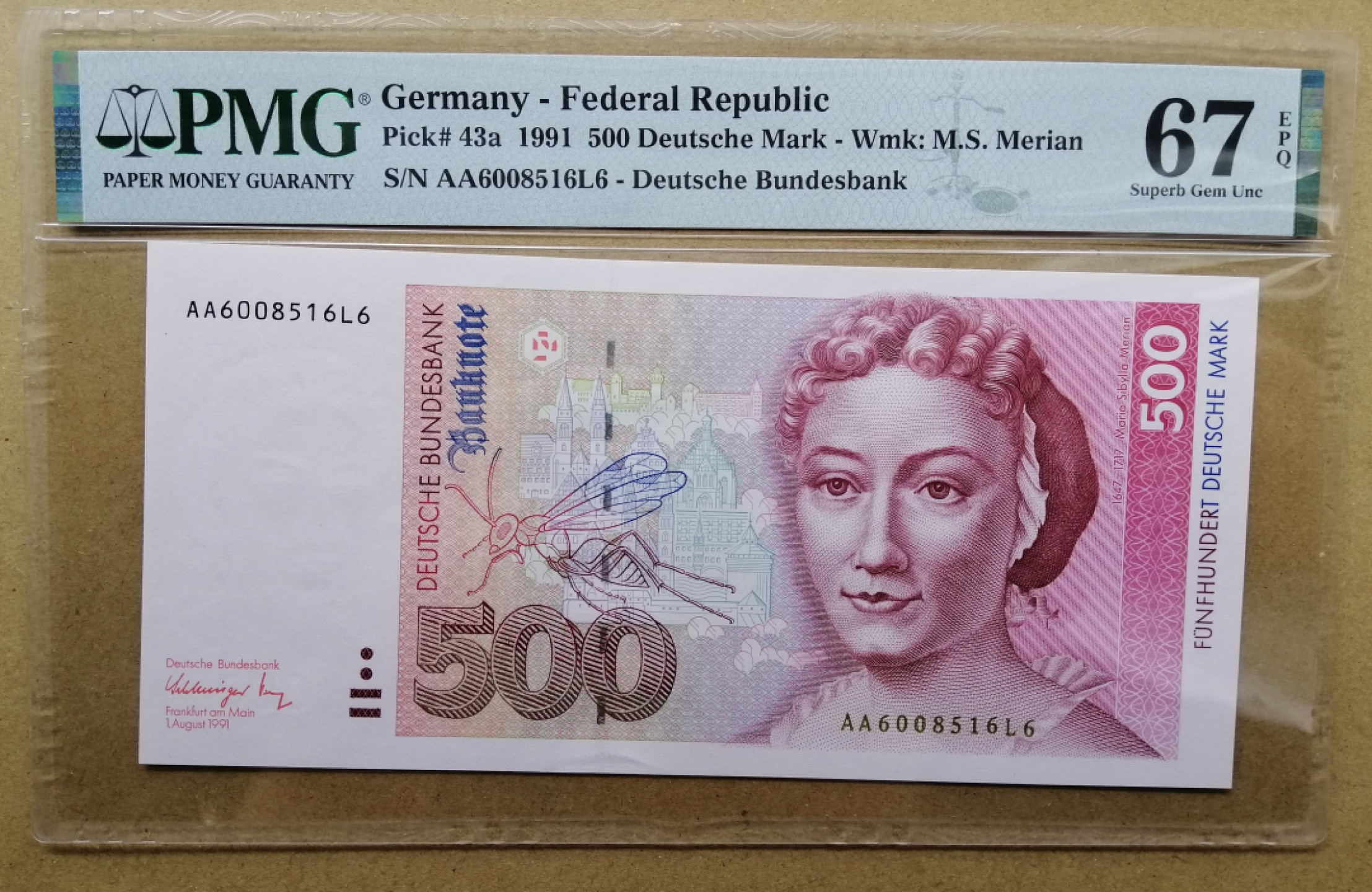 【Blue Auction】✨世界纸币精拍第206期【精】 【AA冠初版】德国 1991年500马克 PMG67EPQ 高分梅里安