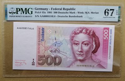 【Blue Auction】✨世界纸币精拍第206期【精】 - 【AA冠初版】德国 1991年500马克 PMG67EPQ 高分梅里安