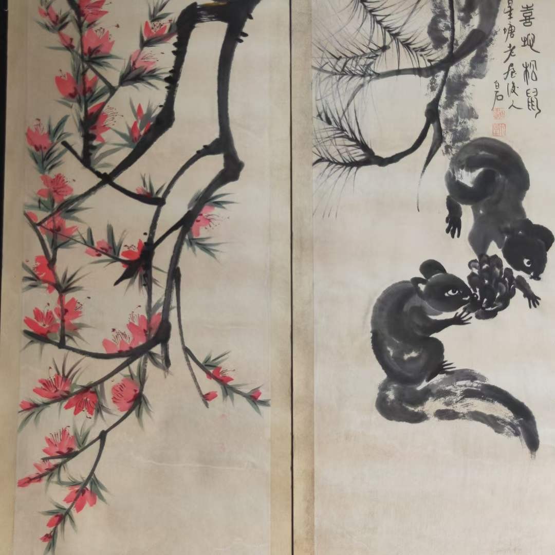 齐白石花鸟四条筏⼀紀一套，纸本立轴包手绘，画工精湛，实物拍摄，品相如图M13