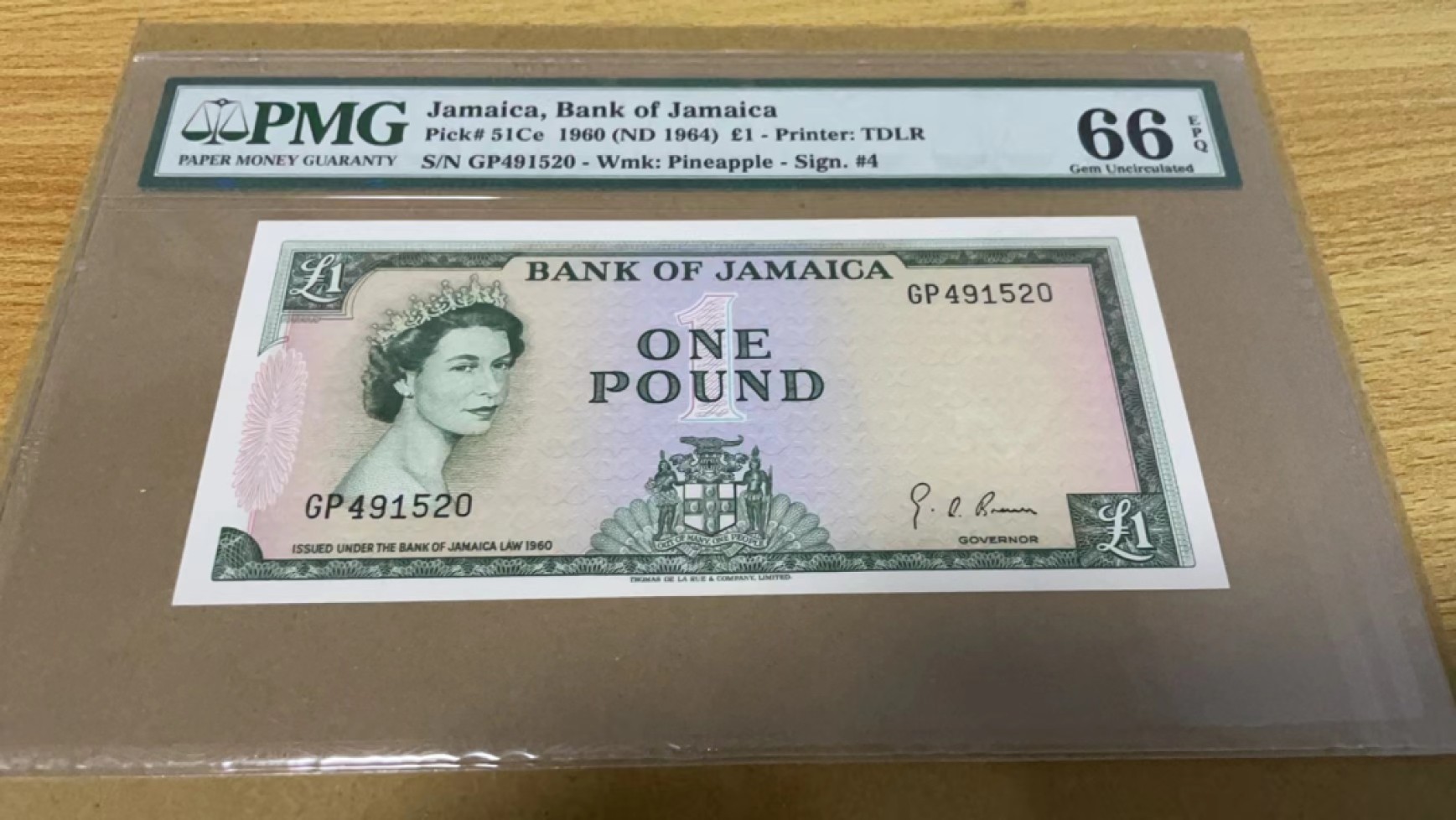 【Blue Auction】✨世界纸币精拍第206期【精】 【520尾】牙买加 1960年1镑 PMG66EPQ 女王纸币 精美