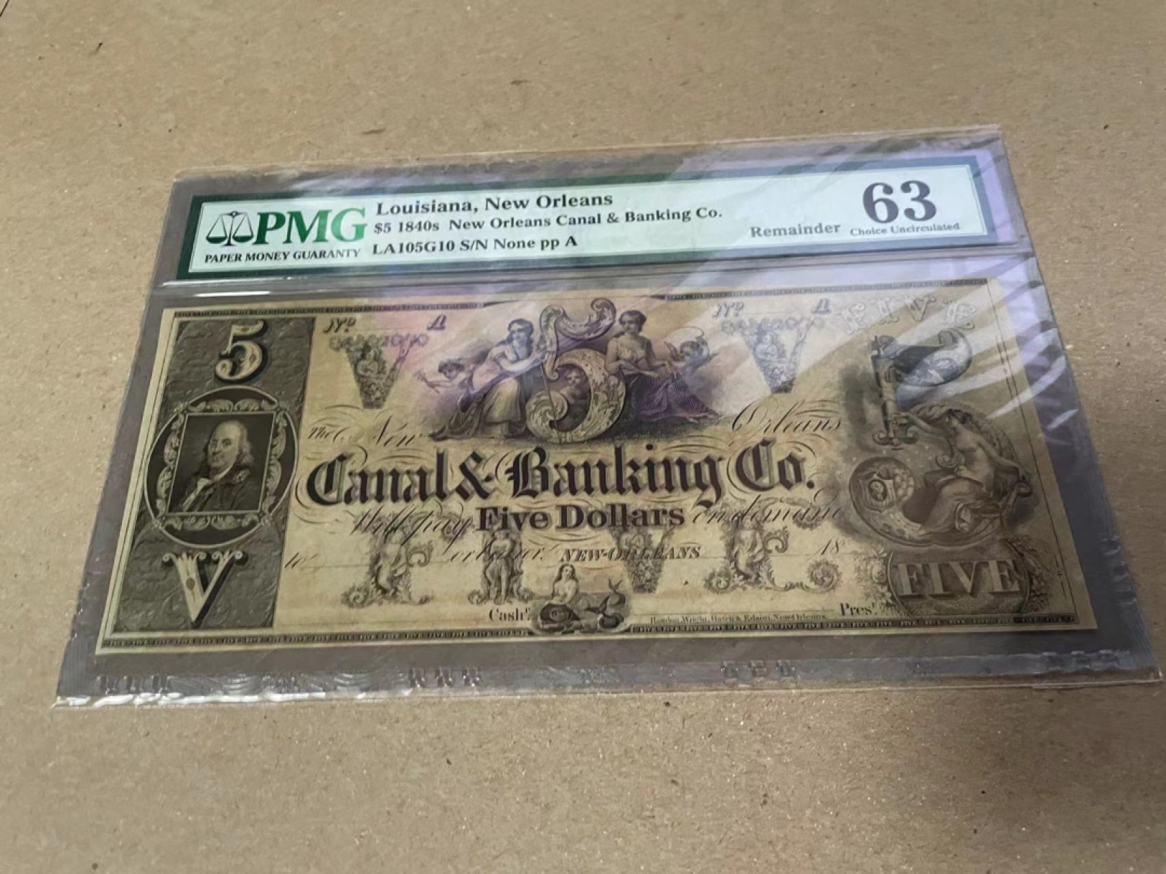 【Blue Auction】✨世界纸币精拍第206期【精】 美国 路易斯安那州 1840年代5美金 PMG63 大票幅雕刻精美