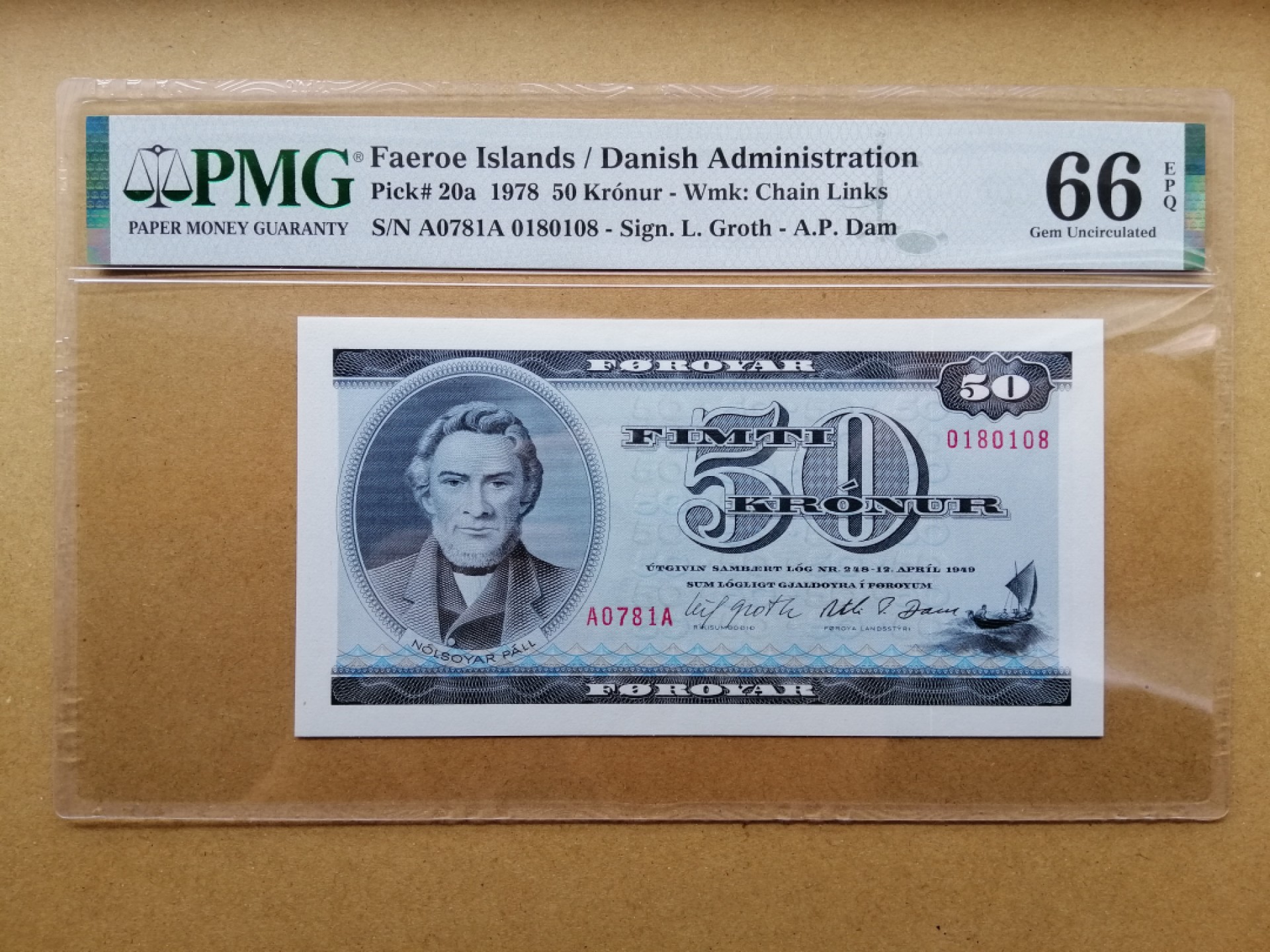 【Blue Auction】✨世界纸币精拍第206期【精】 【AA 0180108靓号】法罗群岛 1978年50克朗 PMG66EPQ  p20a