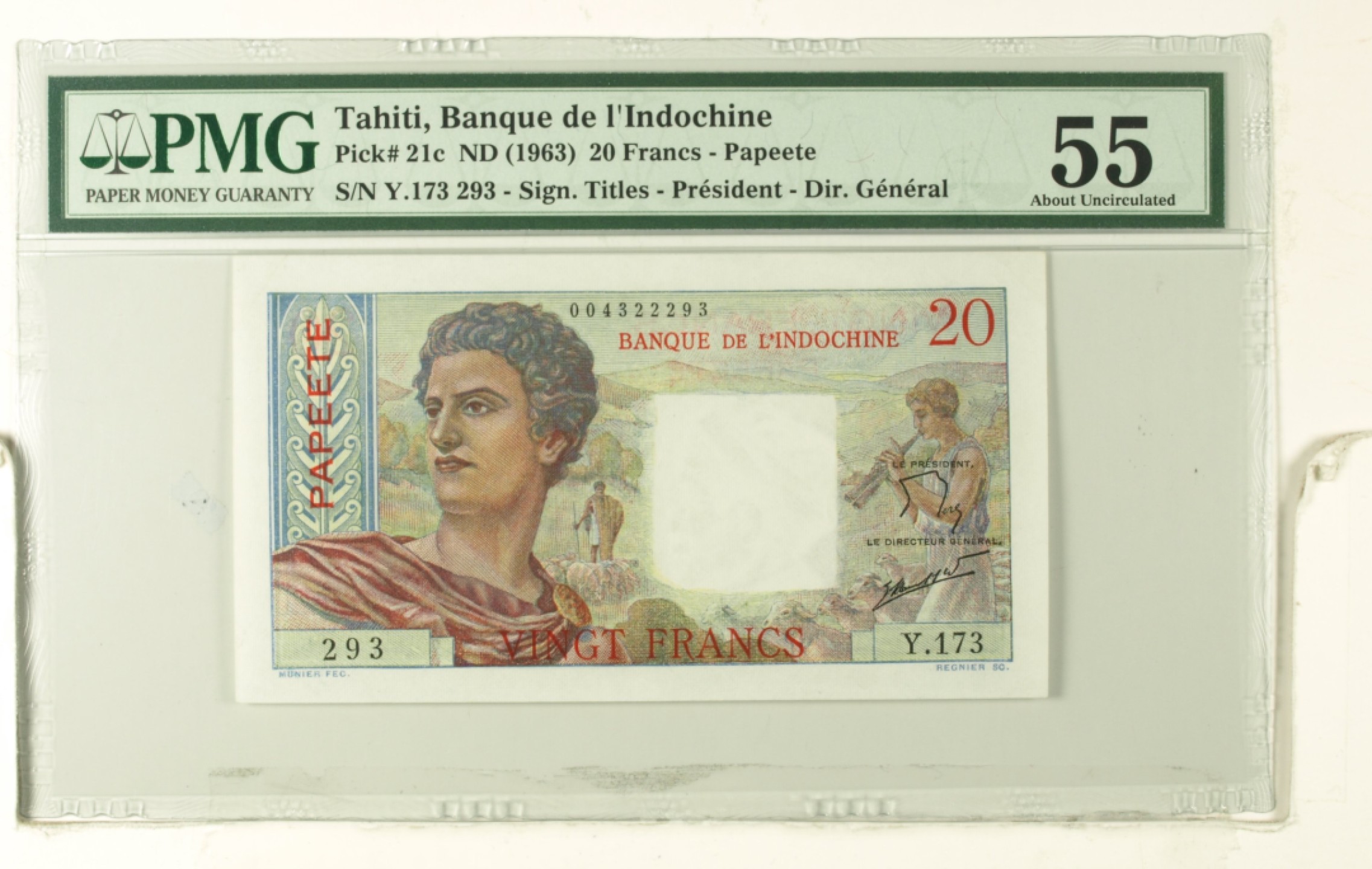 收藏联盟Quantum Auction 第179期拍卖 法属印度支那大溪地1963年20法郎 PMG55