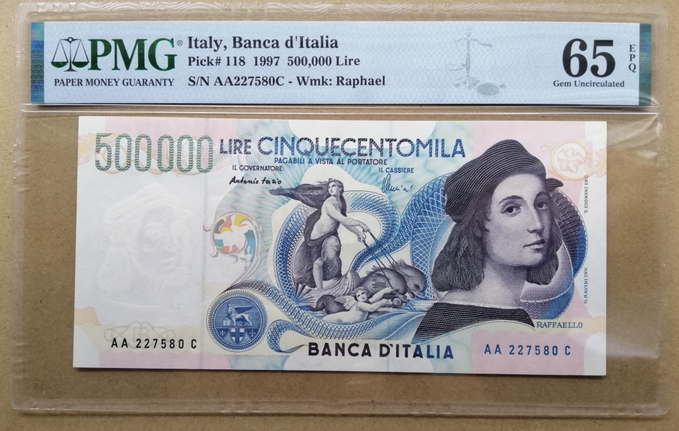 【Blue Auction】✨世界纸币精拍第206期【精】 【AA冠】意大利 1997年50万里拉 PMG65EPQ 经典拉斐尔
