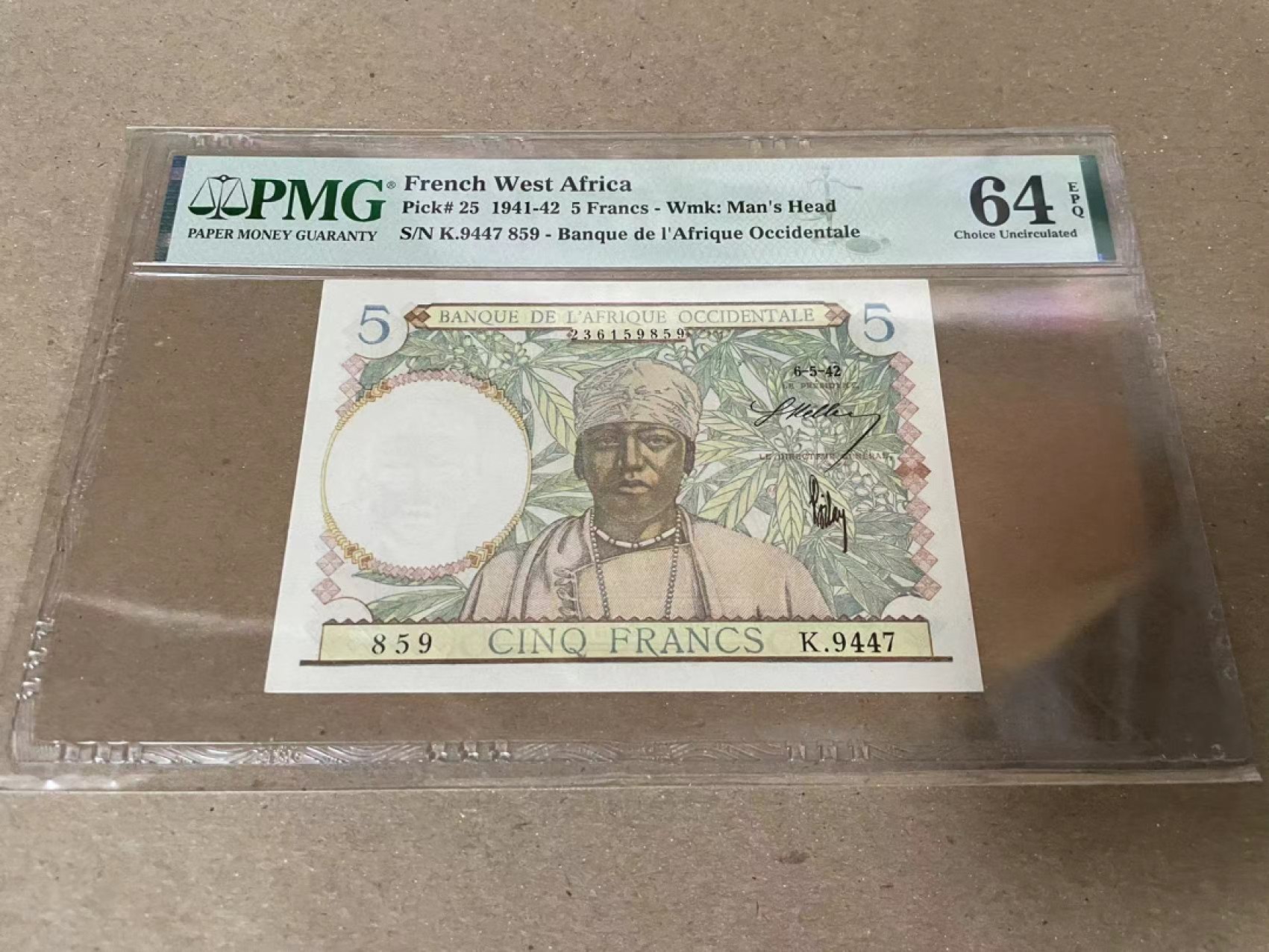 【Blue Auction】✨世界纸币精拍第206期【精】 法属西非 1941-42年5法郎 PMG64EPQ 
