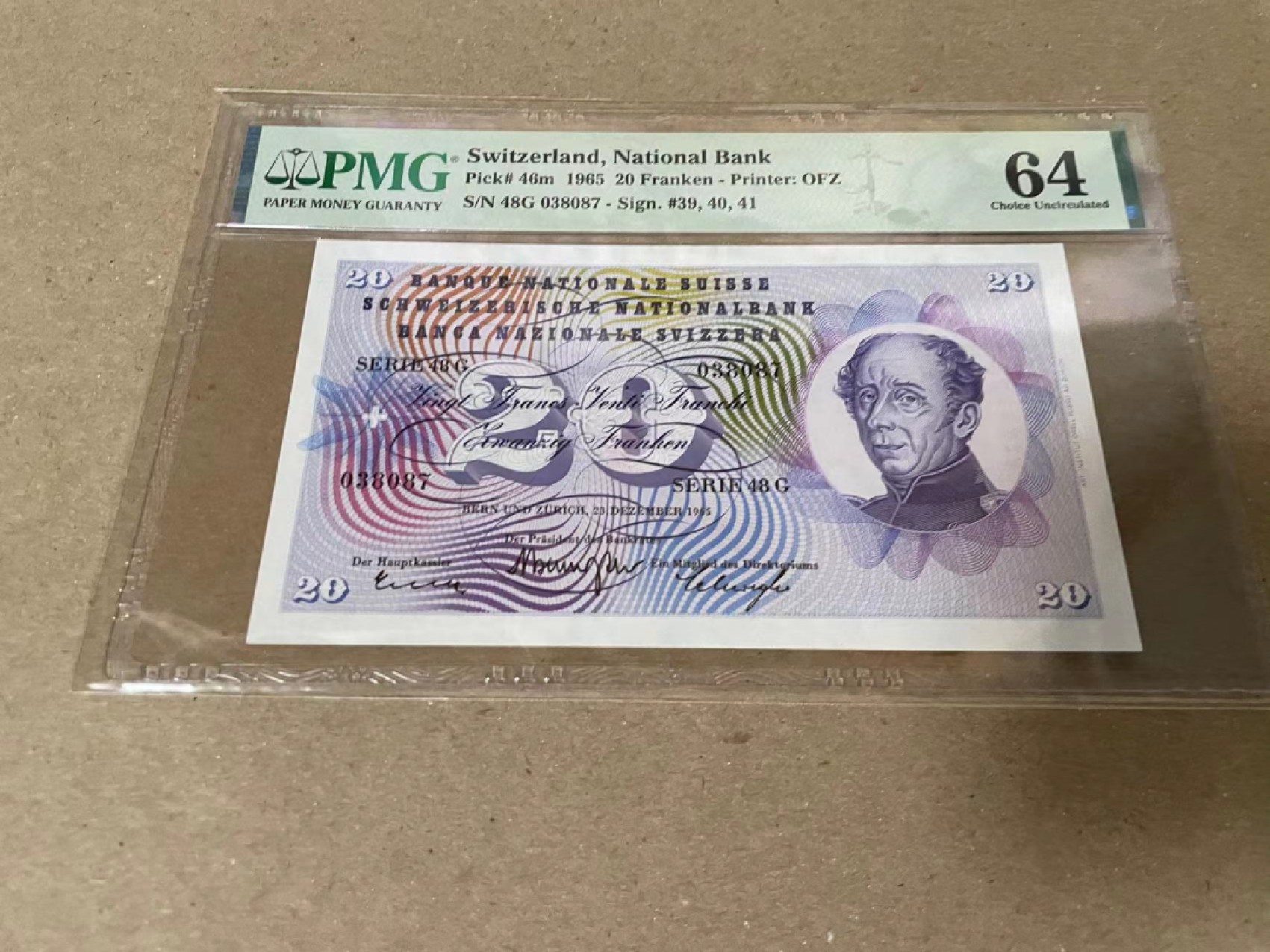 【Blue Auction】✨世界纸币精拍第206期【精】 瑞士 1965年20法郎 PMG64