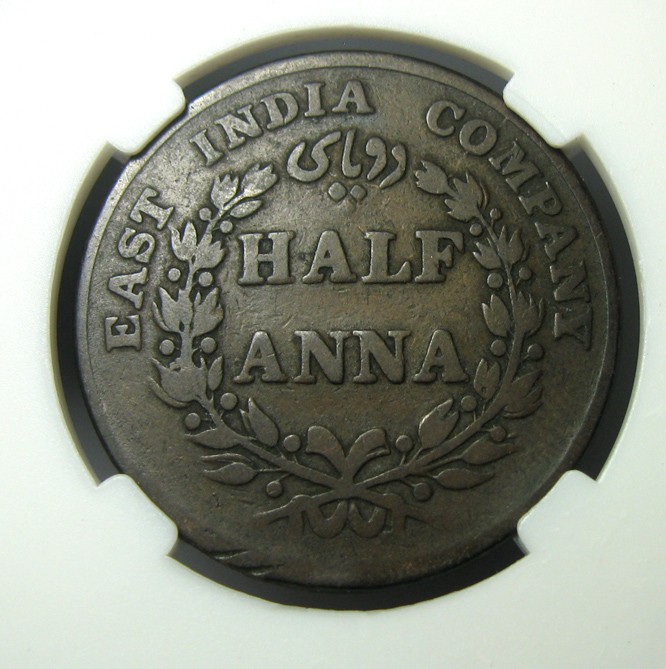 英属印度铜币,1835,维多利亚,半安娜,30.5mm,12g,自打标签盒子R0510ix