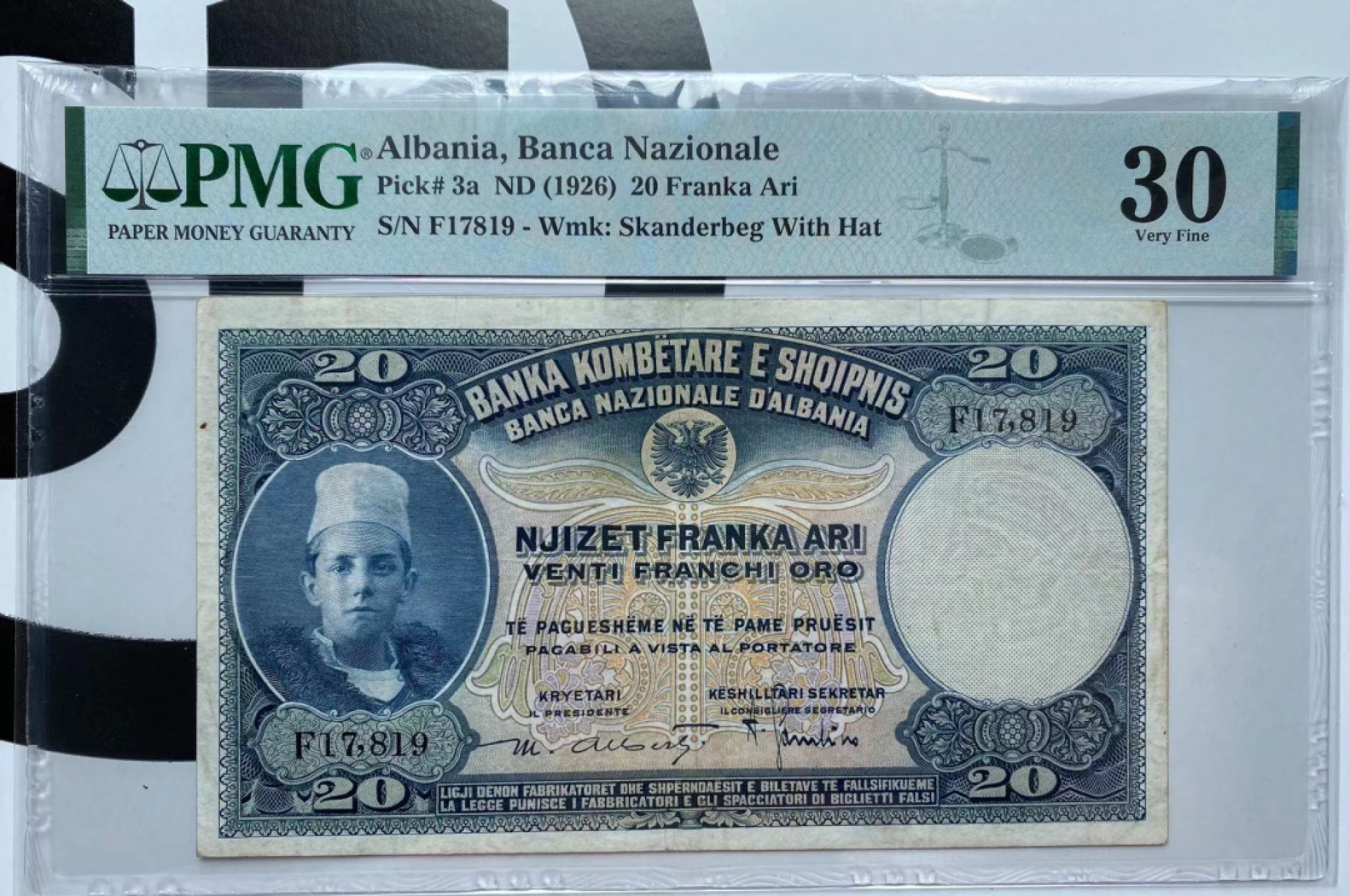 【Blue Auction】✨世界纸币精拍第206期【精】 阿尔巴尼亚 p3a 1926年20Franka Ari 小国王 背面大场景精美 PMG30 少见品种