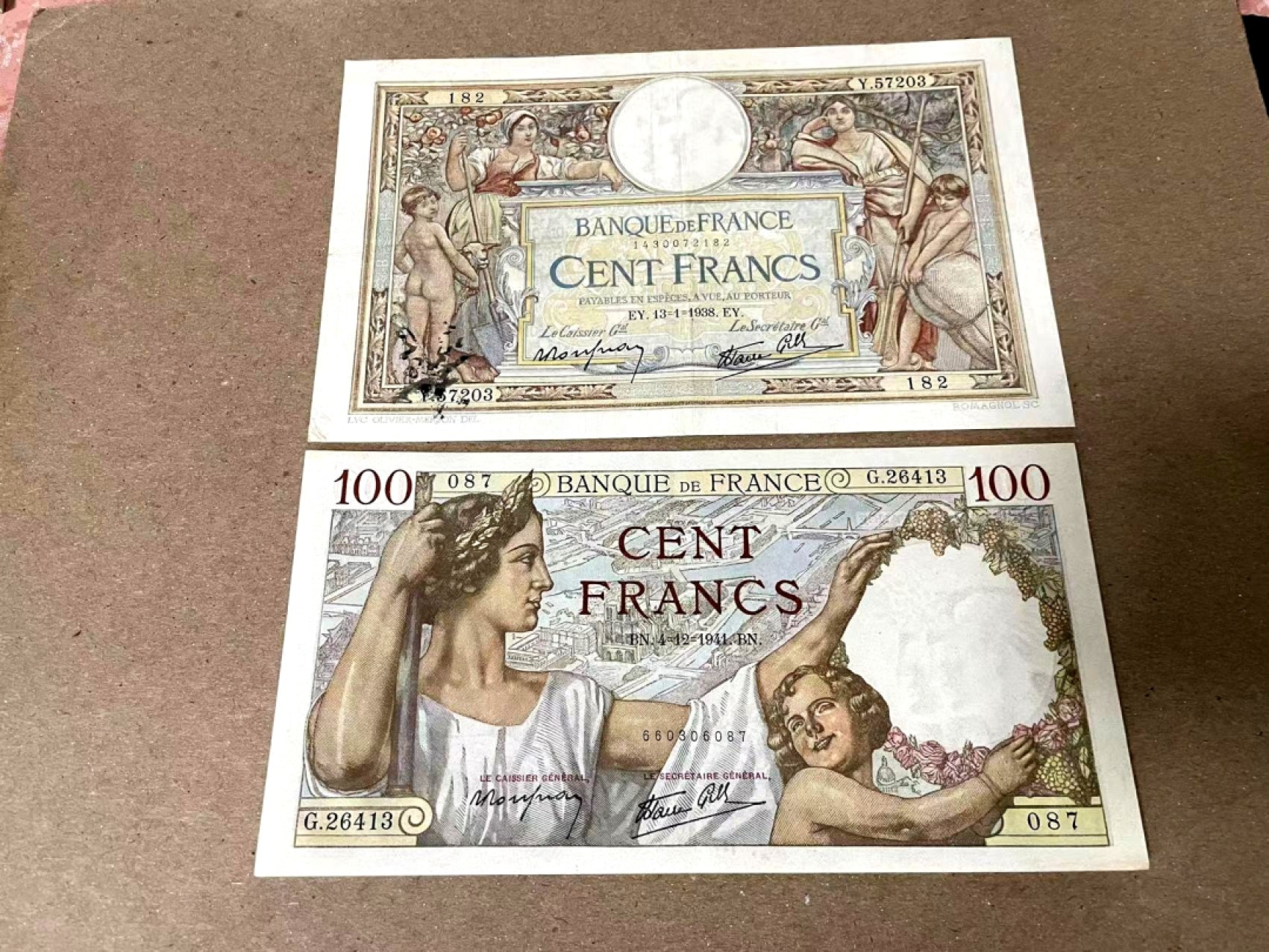 【Blue Auction】✨世界纸币精拍第206期【精】 【一组2张】法国 1941年100法郎 AU&1938年100法郎 品相如图 果园