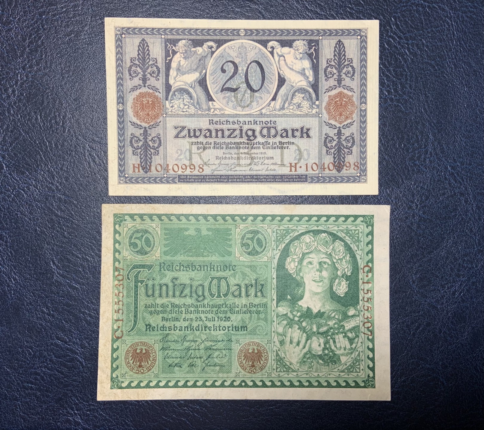 收藏联盟Quantum Auction 第179期拍卖 德国1915-1920年20和50马克  流通品相 精美老钞