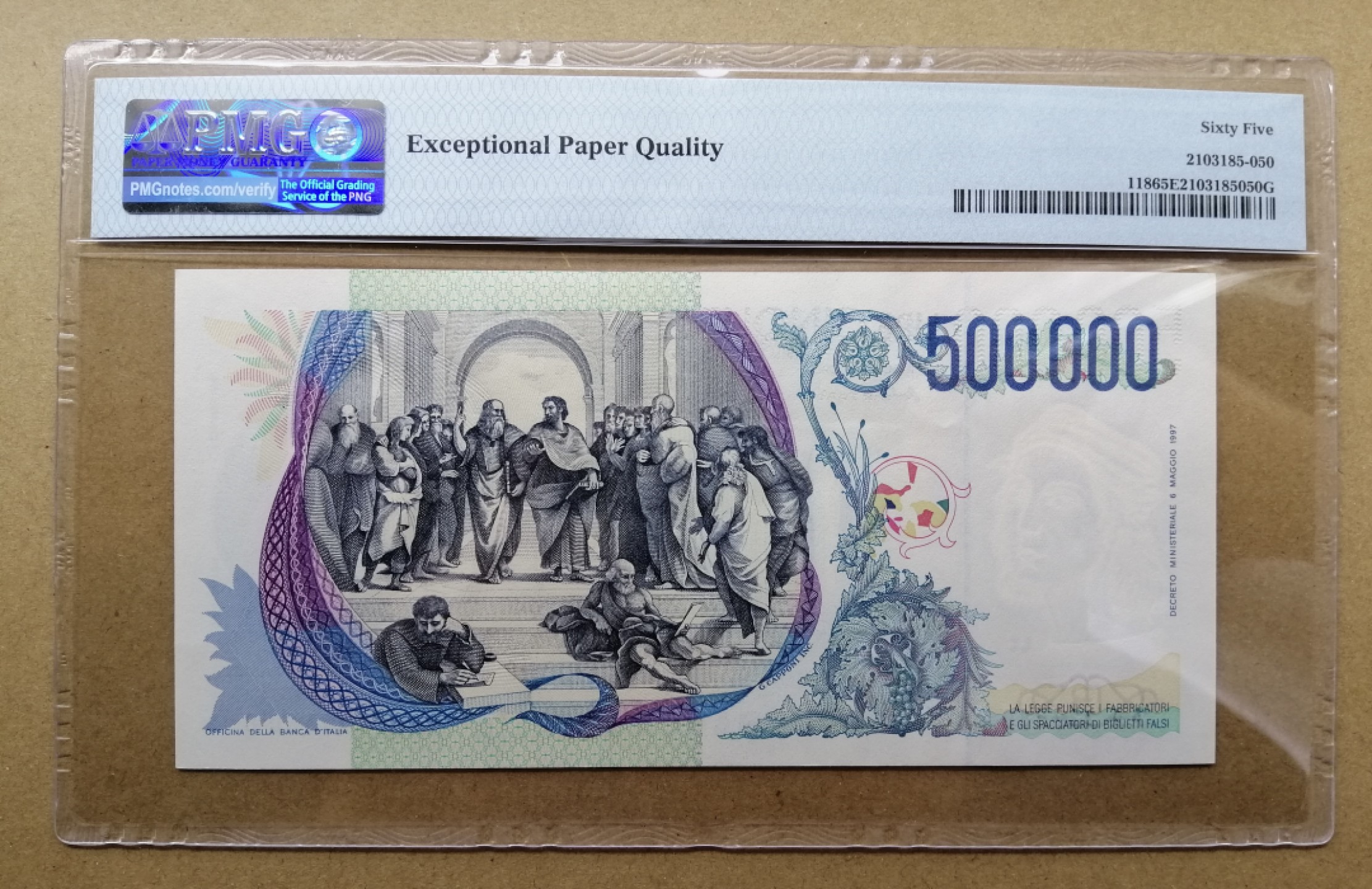 【Blue Auction】✨世界纸币精拍第206期【精】 【AA冠】意大利 1997年50万里拉 PMG65EPQ 经典拉斐尔