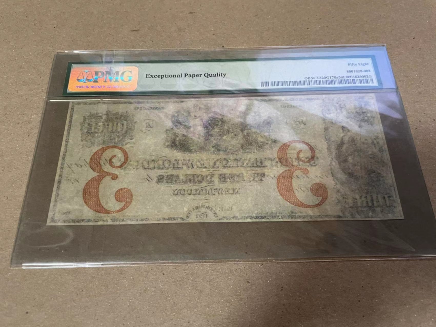 【Blue Auction】✨世界纸币精拍第206期【精】 美国 康涅狄格州 1850年代3美金 PMG58EPQ 原票 大票幅雕刻精美