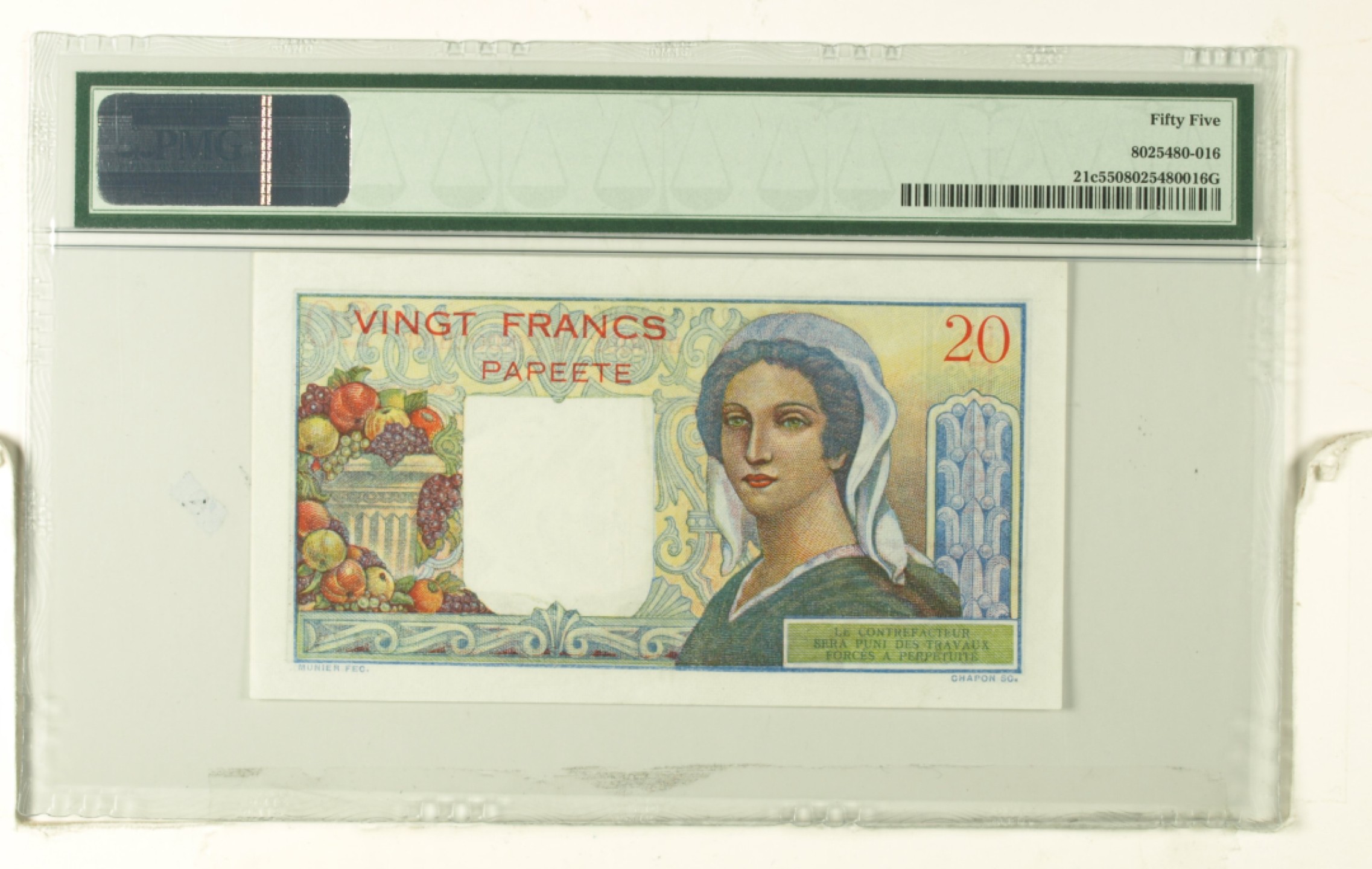 收藏联盟Quantum Auction 第179期拍卖 法属印度支那大溪地1963年20法郎 PMG55