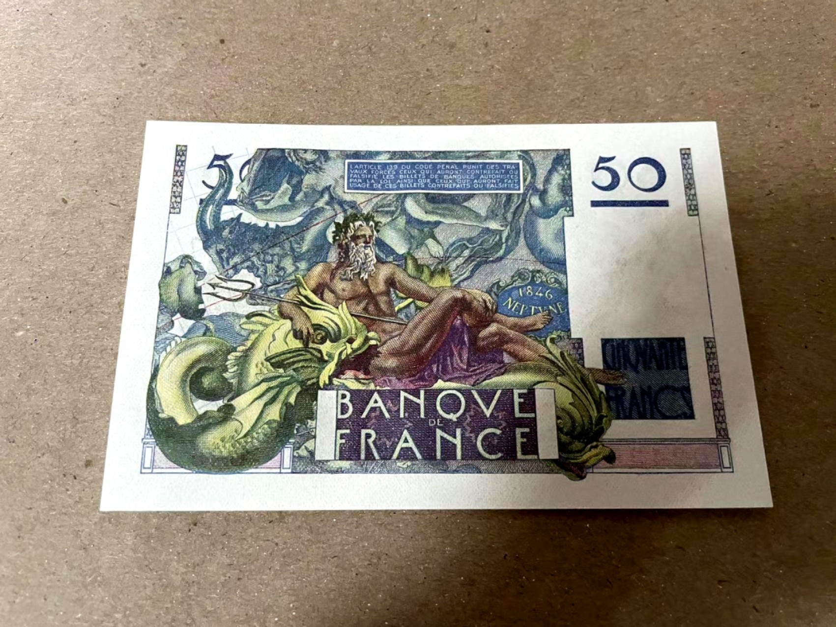 【Blue Auction】✨世界纸币精拍第206期【精】 法国 1947年50法郎 海王 无斑无折 全新绝品UNC 精美