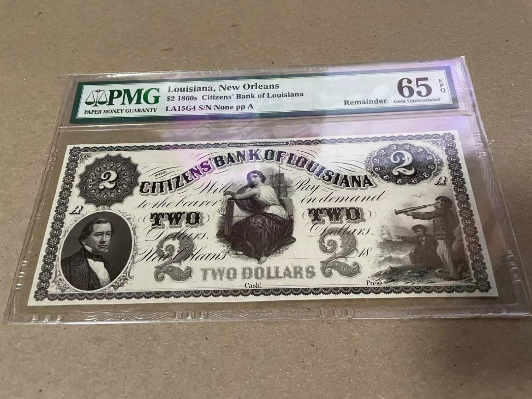 【Blue Auction】✨世界纸币精拍第206期【精】 美国 路易斯安那州 1860年代2美金 PMG65EPQ 大票幅雕刻精美