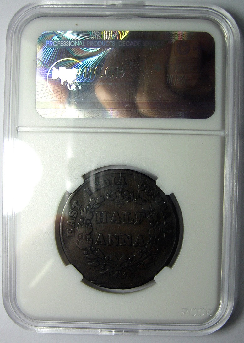 英属印度铜币,1835,维多利亚,半安娜,30.5mm,12g,自打标签盒子R0510ix