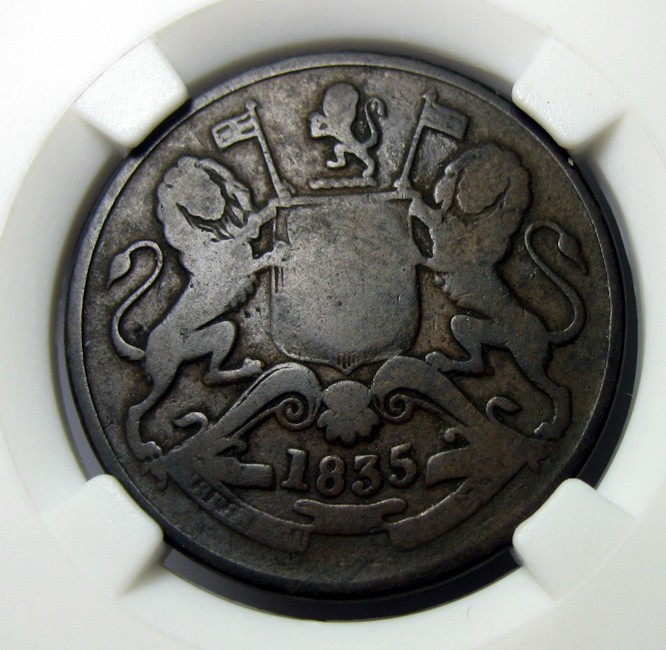 英属印度铜币,1835,维多利亚,半安娜,30.5mm,12g,自打标签盒子R0510ix