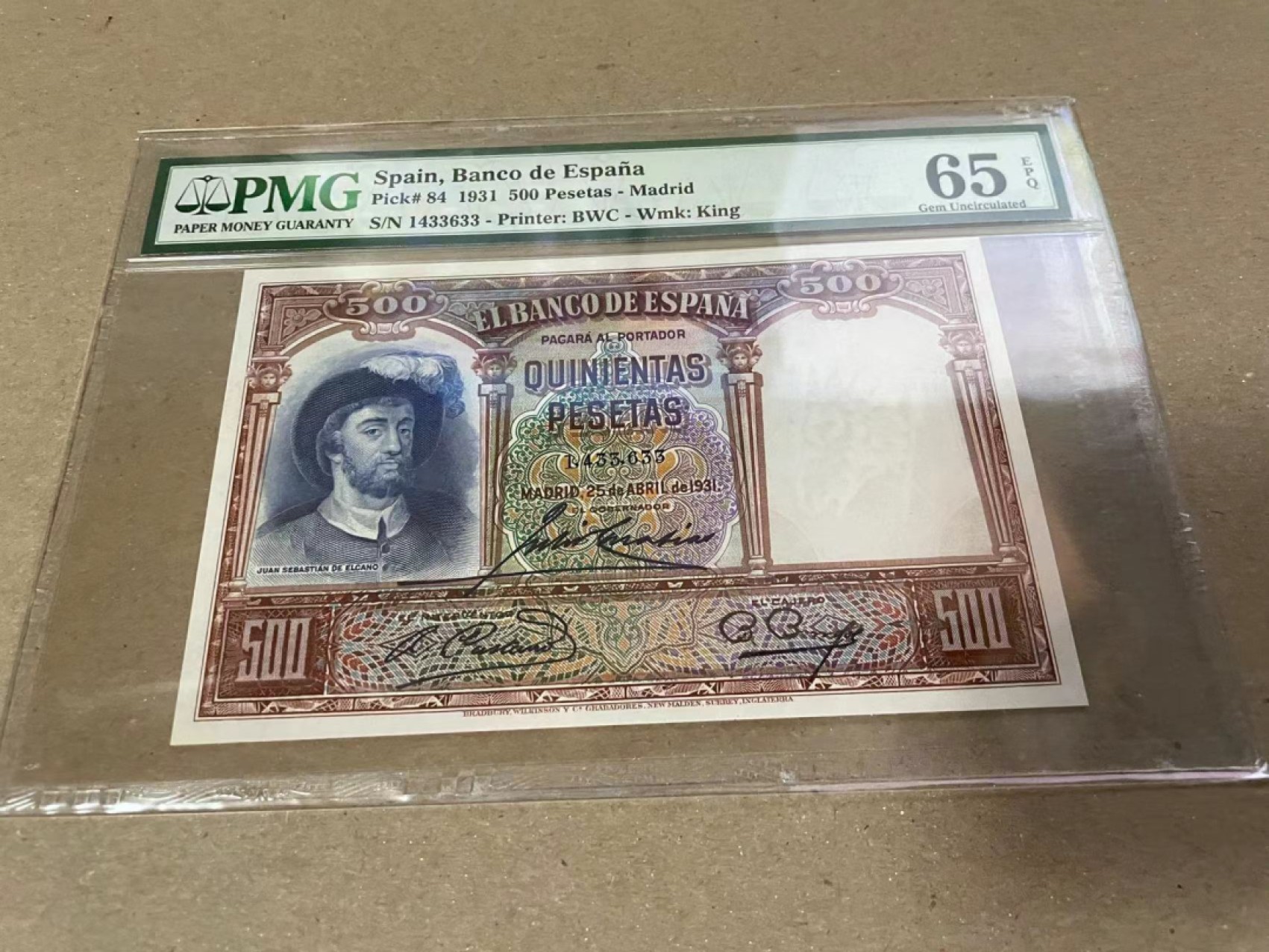 【Blue Auction】✨世界纸币精拍第206期【精】 西班牙 1931年500比塞塔 PMG65EPQ 海盗 设计精美 