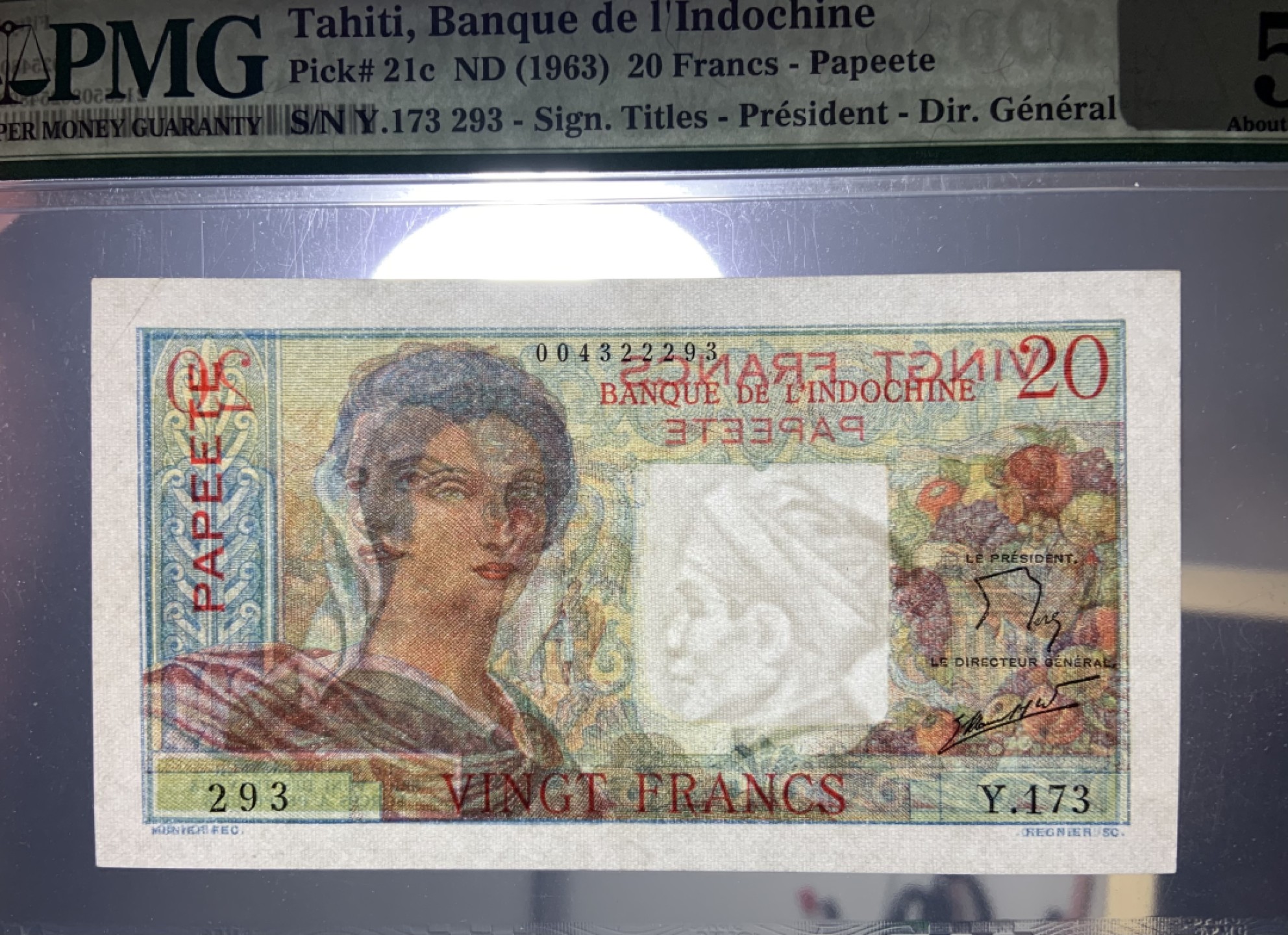 收藏联盟Quantum Auction 第179期拍卖 法属印度支那大溪地1963年20法郎 PMG55