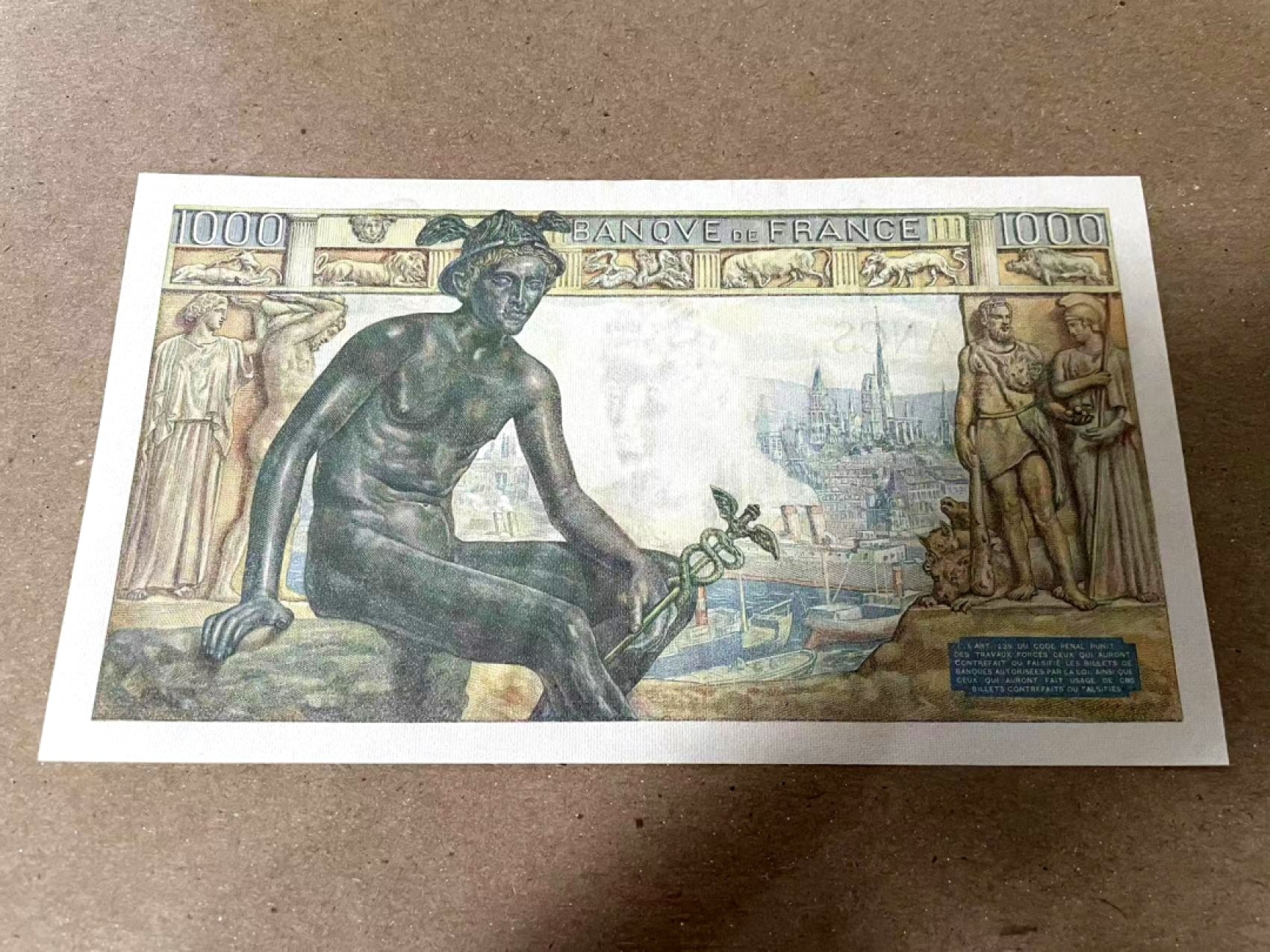 【Blue Auction】✨世界纸币精拍第206期【精】 法国 1942年1000法郎 墨丘利&圣母 UNC-（印子&荧光反应）大票幅 精美