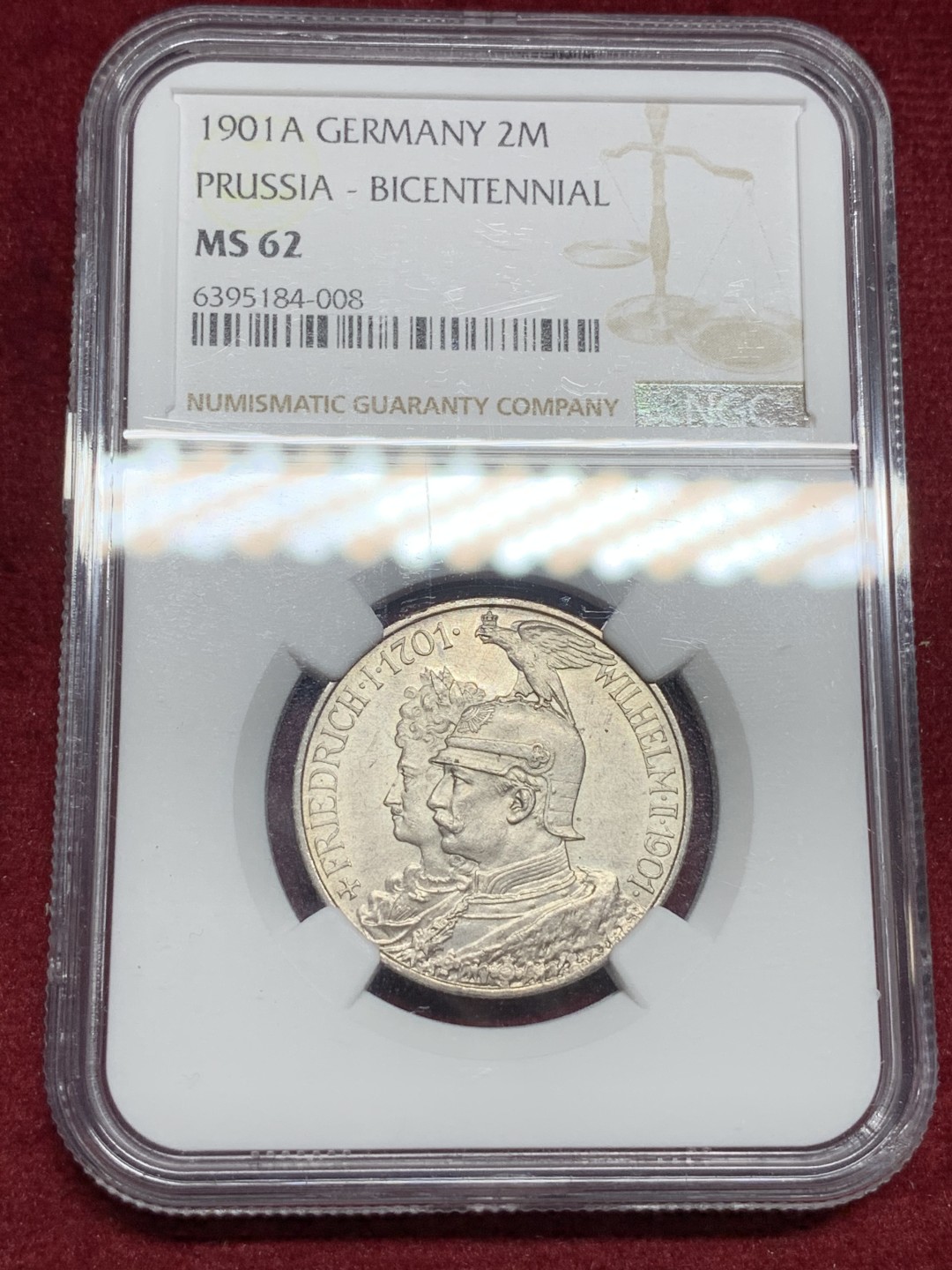 《竞宝斋》第77场-本周日，周一，周四3场拍卖（全场不限金额包邮） NGC-MS62 德国普鲁士 1901年 两百周年纪念 2马克银币 原光好品