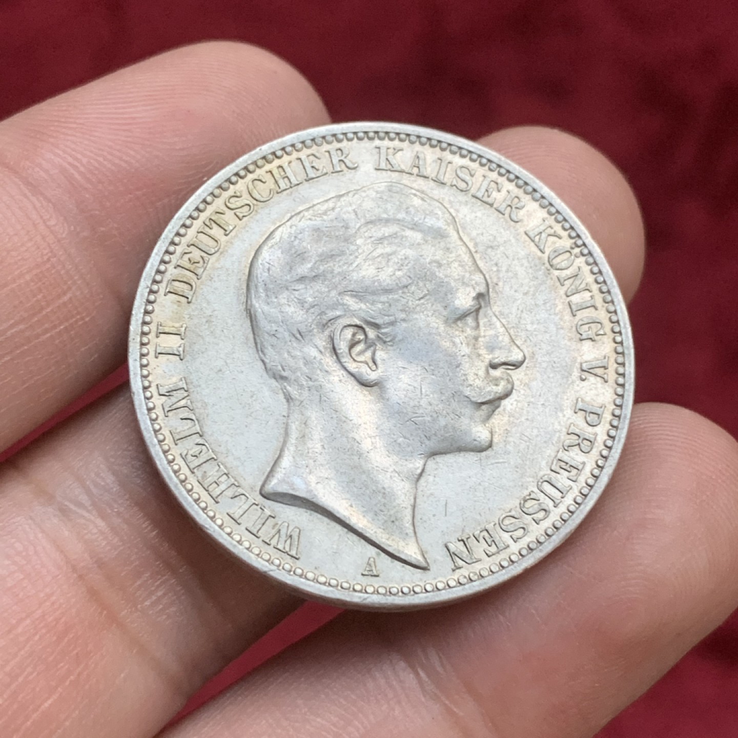 《竞宝斋》第77场-本周日，周一，周四3场拍卖（全场不限金额包邮） 德国威廉二世3马克银币，略带黄油光，1909年A厂。