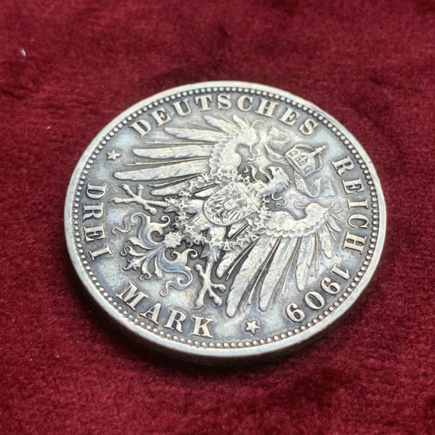 《竞宝斋》第77场-本周日，周一，周四3场拍卖（全场不限金额包邮） 德国巴伐利亚奥拓一世3马克银币，黑包浆，1909年D厂。