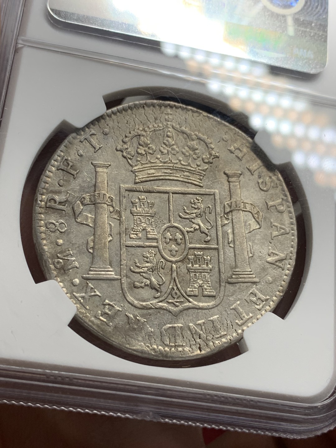 《竞宝斋》第77场-本周日，周一，周四3场拍卖（全场不限金额包邮） NGC AU50 评级 墨西哥 1803年 卡四 8R 双柱银币 双面深打 细节非常好