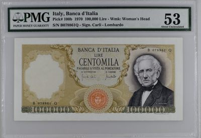 收藏联盟Quantum Auction 第179期拍卖 - 意大利1970年100000里拉 PMG53 曼佐尼 西欧三大人像雕刻代表作之一