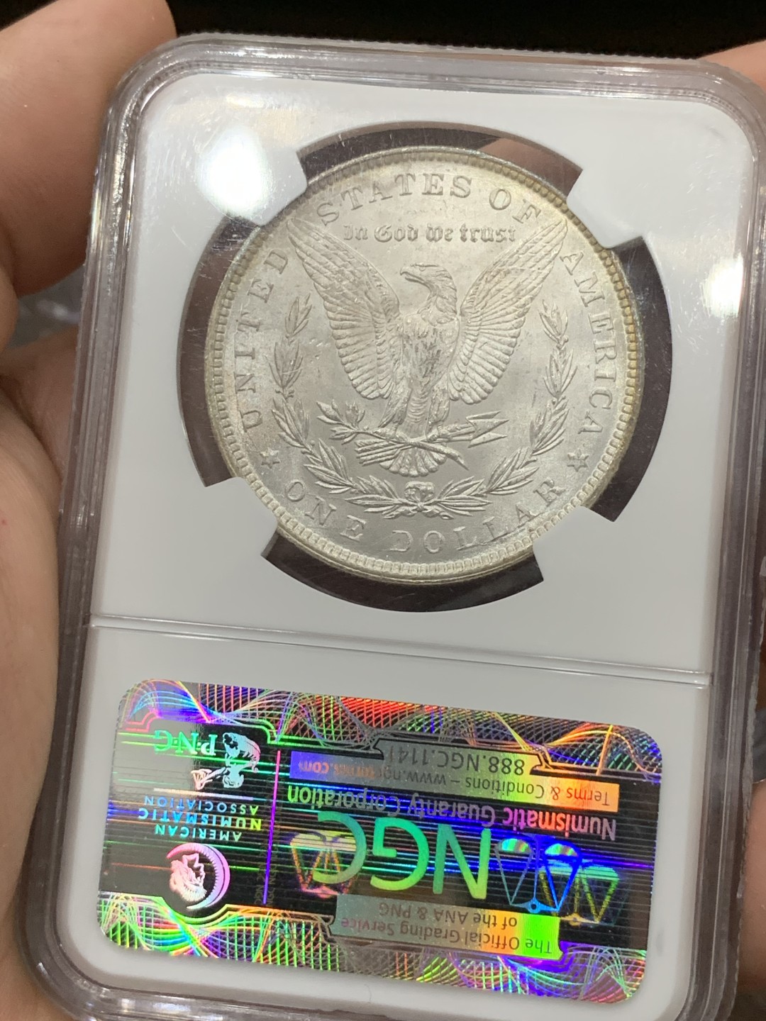 《竞宝斋》第77场-本周日，周一，周四3场拍卖（全场不限金额包邮） NGC-MS64 美国 1896年 1美元摩根银币 正面清新绿包浆，罕见的星号和CAC双认证