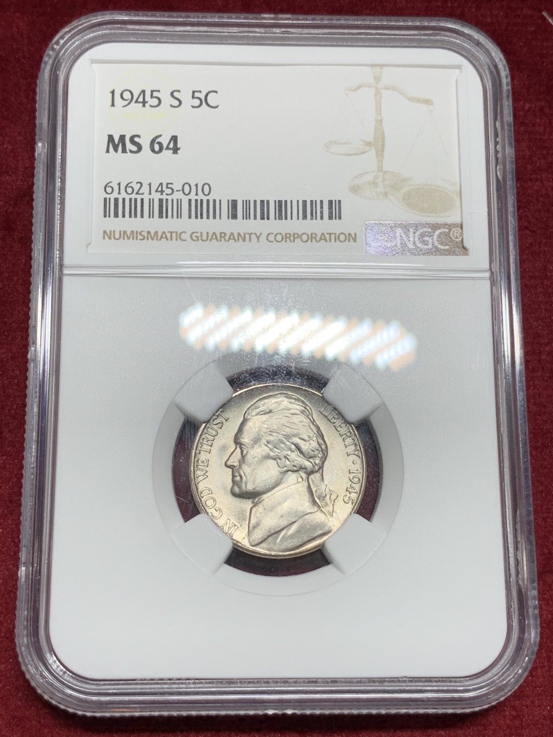 《竞宝斋》第77场-本周日，周一，周四3场拍卖（全场不限金额包邮） NGC-MS64 美国 1945年 杰弗逊战时五美分 1942-1945这三年为战时含银版五美分