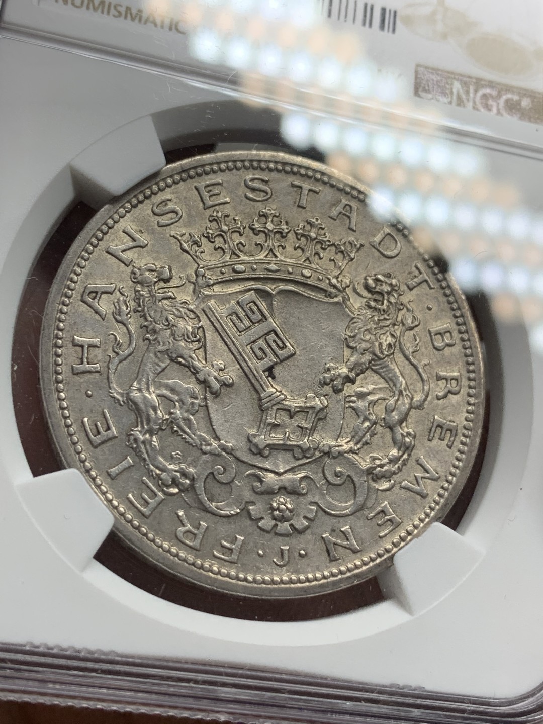 《竞宝斋》第77场-本周日，周一，周四3场拍卖（全场不限金额包邮） NGC-AU55 德国不来梅 1906-J年 狮子盾牌 5马克大银币 原味好品 稀少邦州