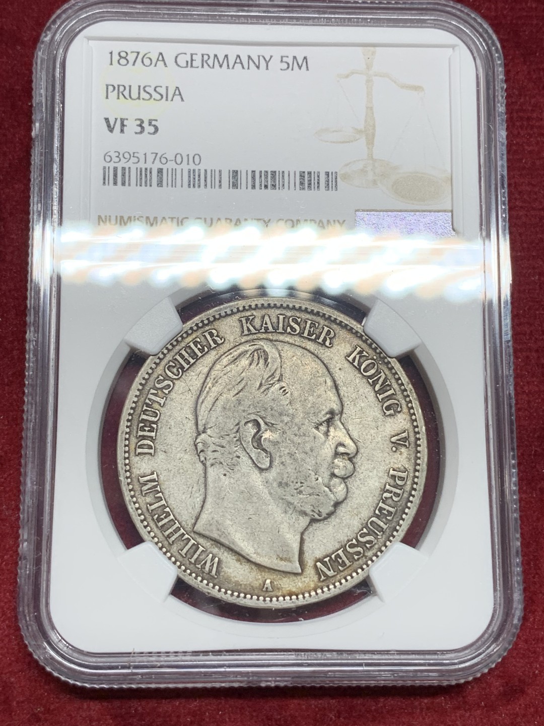 《竞宝斋》第77场-本周日，周一，周四3场拍卖（全场不限金额包邮） NGC-VF35 德国普鲁士 1876年 威廉一世5马克 大银币 原味好品 早期的比较稀少