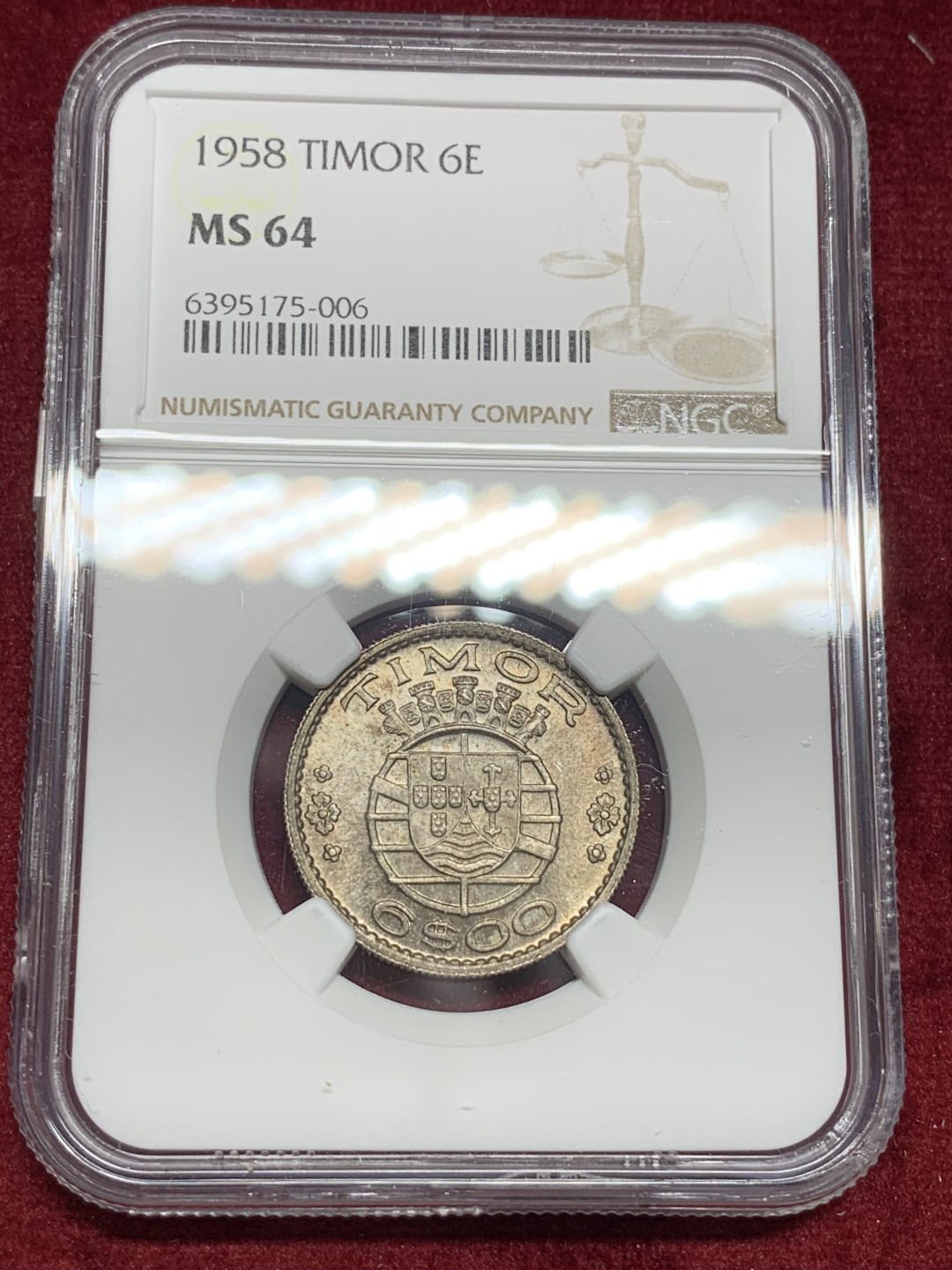 《竞宝斋》第77场-本周日，周一，周四3场拍卖（全场不限金额包邮） NGC-MS64 东帝汶 1958年 6埃斯库多银币 顶级品相带彩 非常漂亮