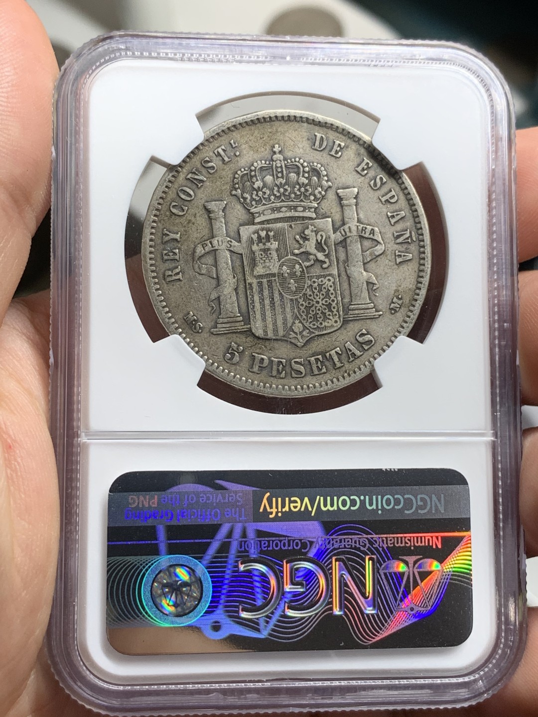 《竞宝斋》第77场-本周日，周一，周四3场拍卖（全场不限金额包邮） NGC VF35 西班牙 1881年 阿方索十二世 5比塞塔 大银币 原味包浆