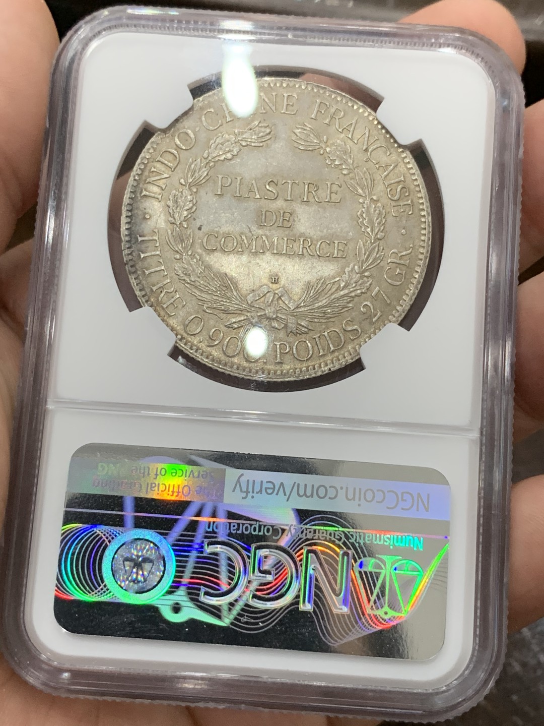 《竞宝斋》第77场-本周日，周一，周四3场拍卖（全场不限金额包邮） NGC MS62 法属印度支那1921年H版坐洋银币，全脸高鼻，原味老包浆。高分坐洋近期持续大热，上涨潜力品种。