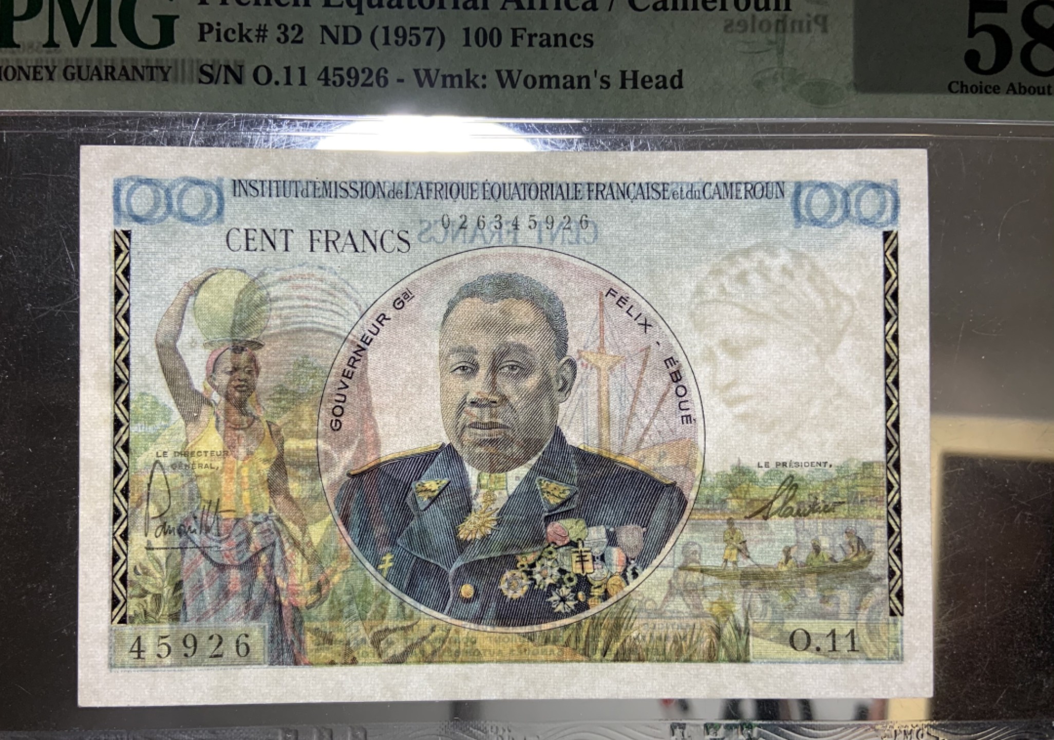 收藏联盟Quantum Auction 第179期拍卖 法属赤道非洲1957年100法郎 PMG58 稀少 首位黑人总督埃布埃