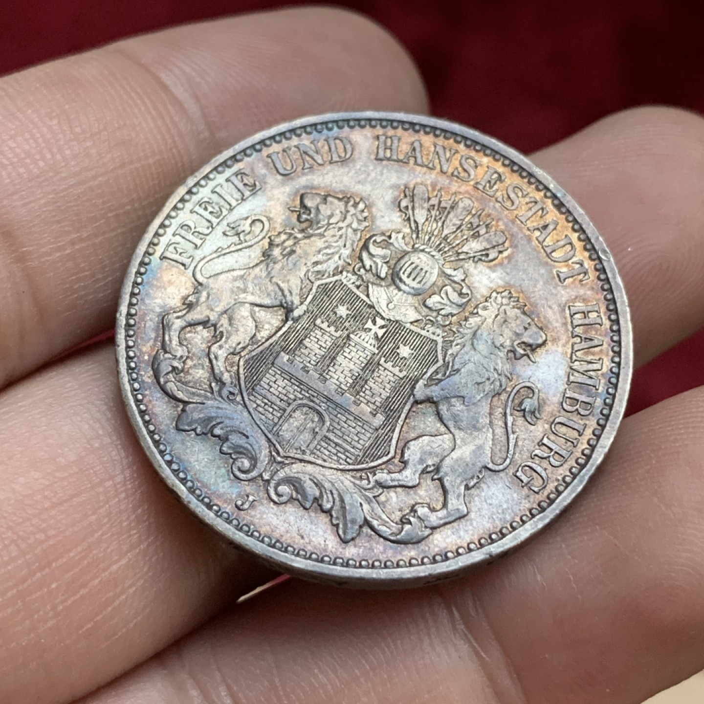 《竞宝斋》第77场-本周日，周一，周四3场拍卖（全场不限金额包邮） 德国汉堡市双狮3马克，自然黑包浆，1909年。